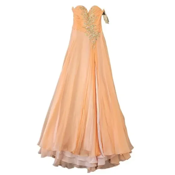 Mac Duggal | Dresses | Macduggal Women Dress Size Peach Chiffon Maxi Formal  Dazzling Beads Strapless | Poshmark